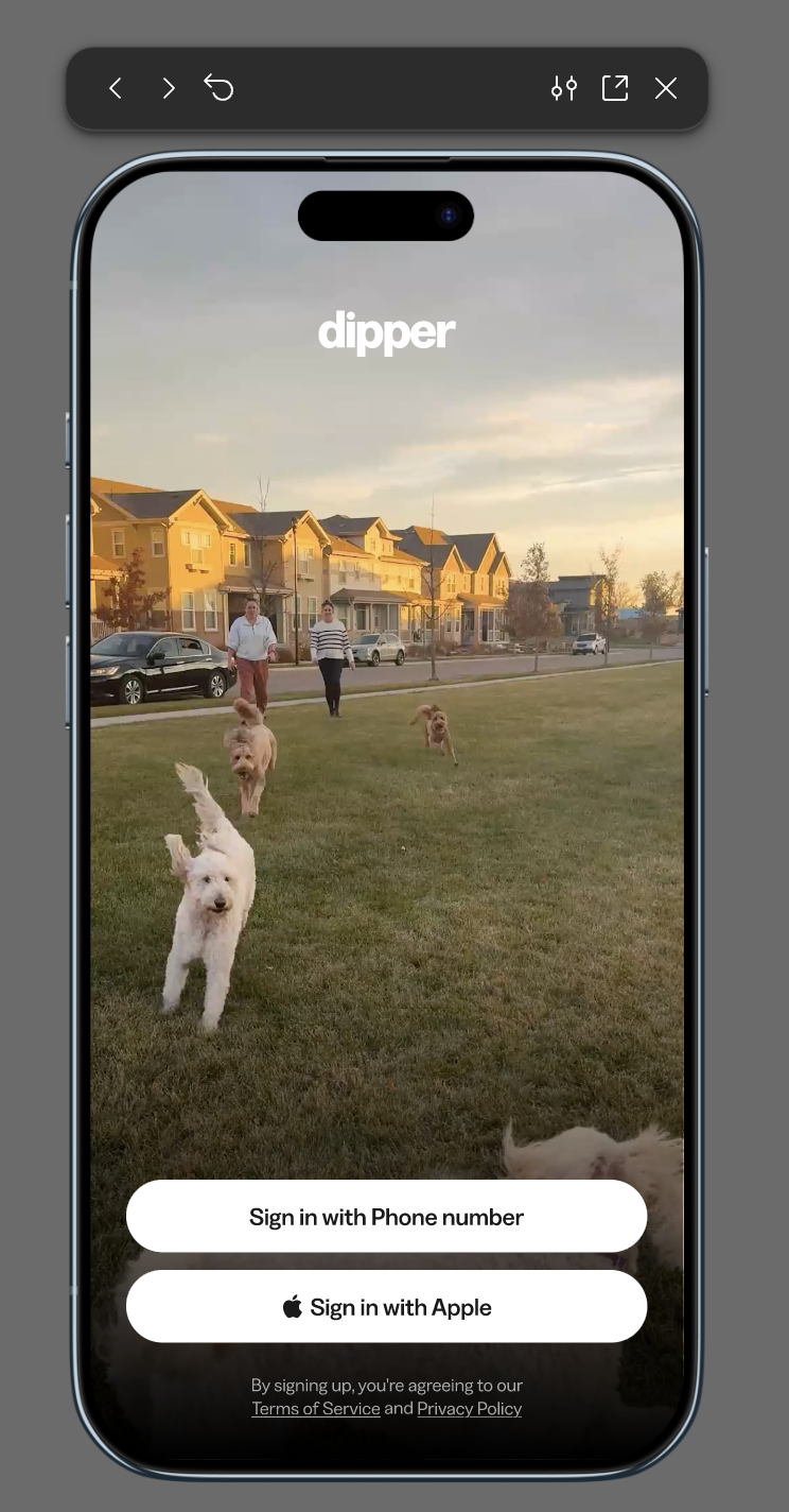dipper app sign-in screen with dogs