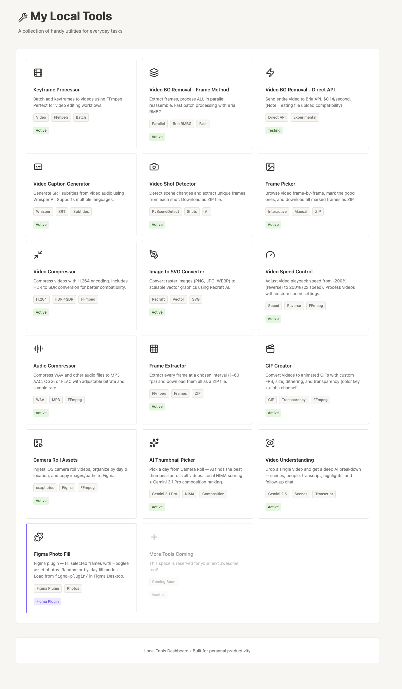 Local tools dashboard for video editing