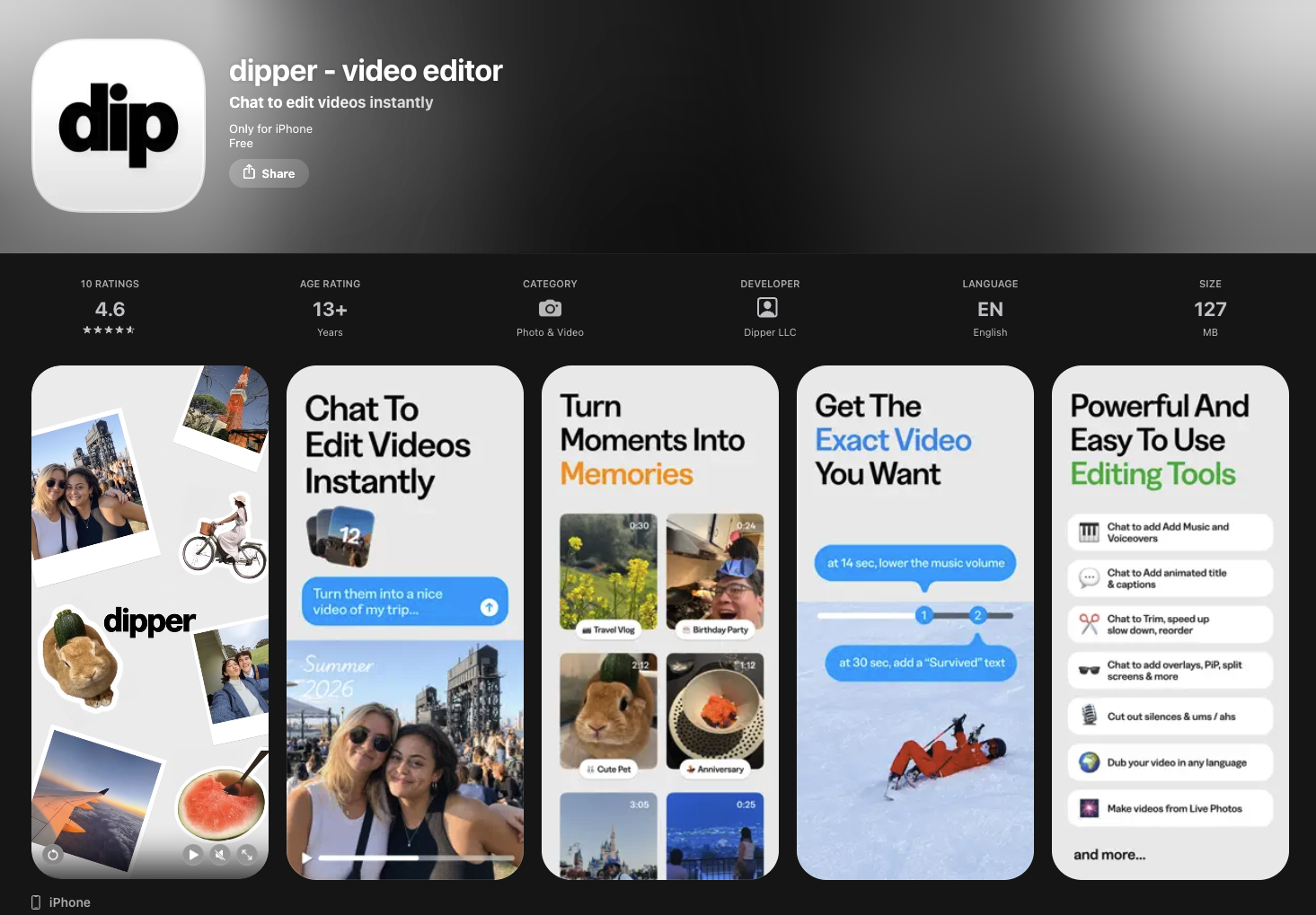 dipper video editor app store listing