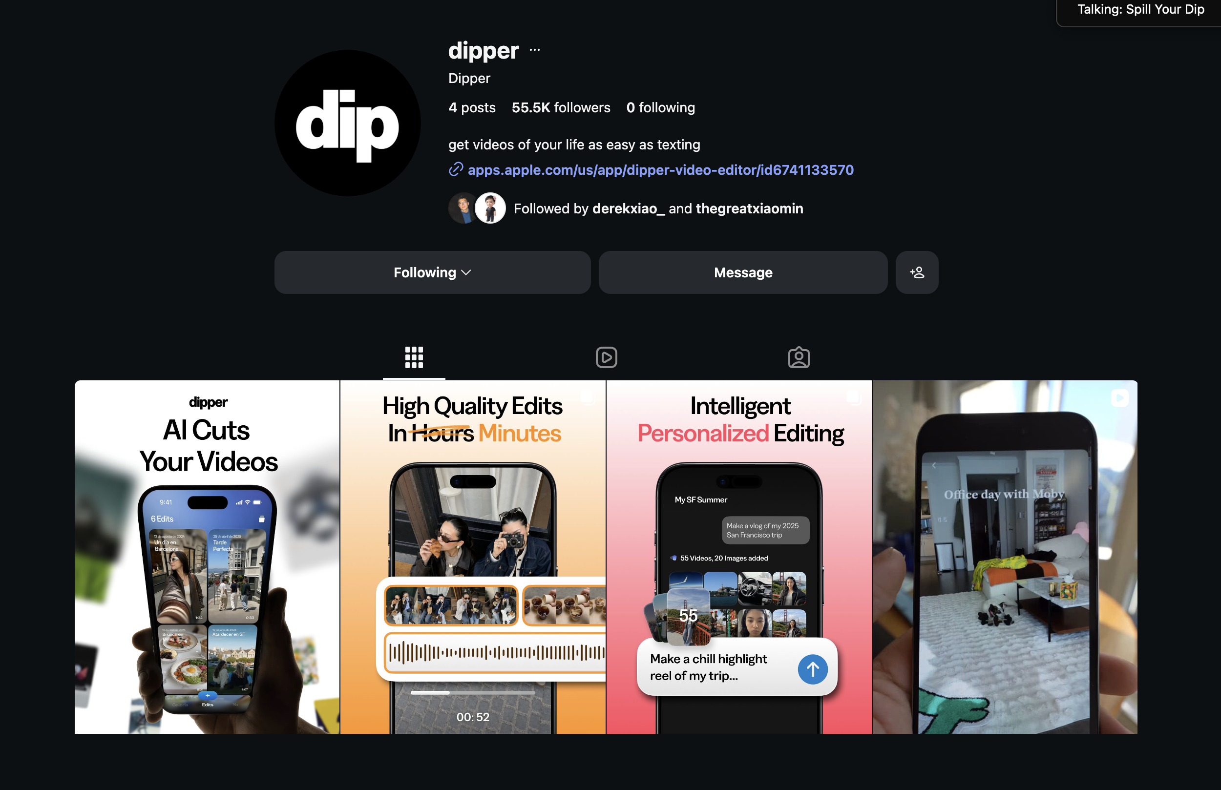 dipper app profile with video edits