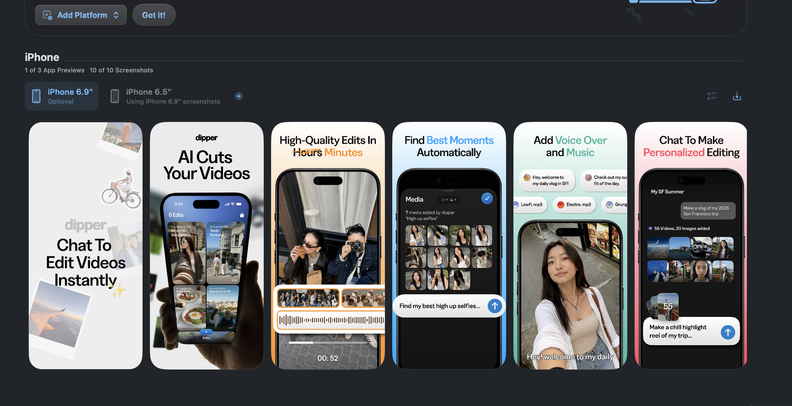dipper app store screenshots showing features